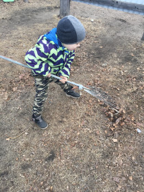 Кирилл гребёт сухие листья