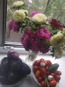 Подарок моих подруг-труженниц: дыни, арбузы, цветы, овощи, фрукты и много полезных трав.